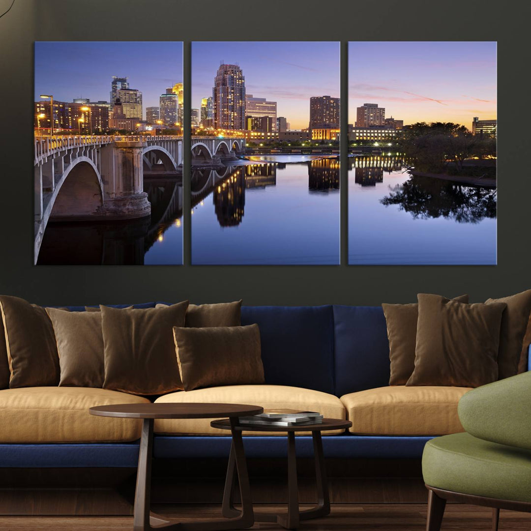 Display the Minneapolis Wall Art Canvas Print, featuring the Minnesota cityscape at dusk, on gallery-wrapped, museum-quality canvas.