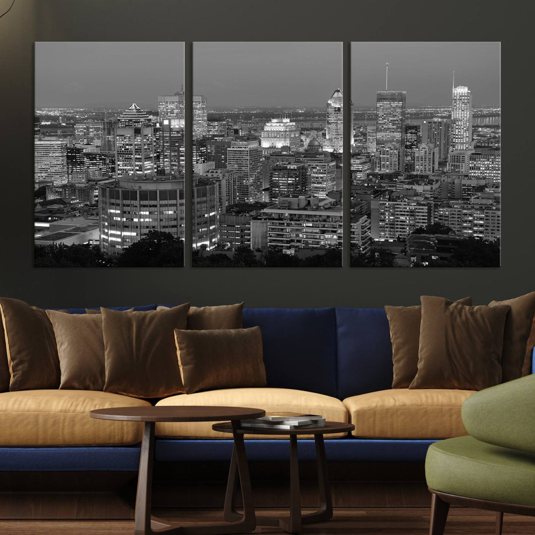 The gallery-wrapped, museum-quality canvas print features the Montreal Canada City Wall Art, showcasing a cityscape at night in black and white.