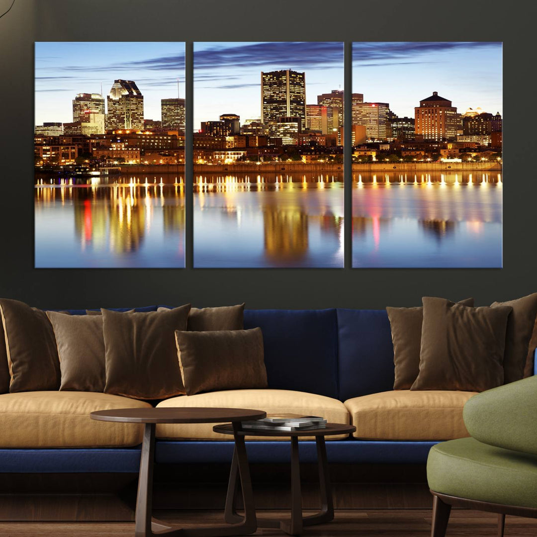 A Montreal Canada City Wall Art Canvas Print, depicting the cityscape at dusk and reflecting in calm waters, is crafted with museum-quality canvases and a UV-protective coating. This remarkable piece guarantees vibrant colors that remain stunning and ready to hang for years to come.