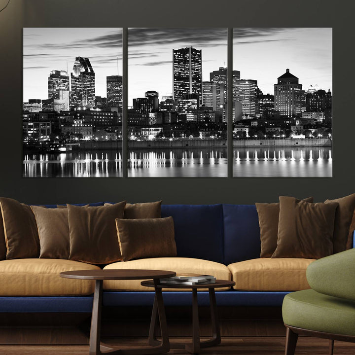 The contemporary living room features the Montreal Canada City Wall Art Canvas Print, an elegantly gallery-wrapped triptych on museum-quality canvas, prominently hung above.