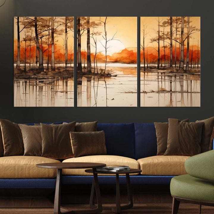 An Abstract Watercolor Trees and Sunset on Lake Wall Art Canvas Print, created on museum-quality canvas.