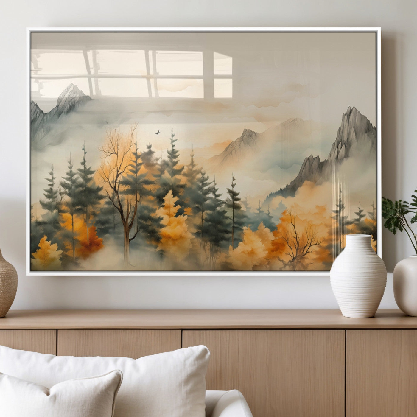 MGV-FP-36X24-3P - Abstract Watercolor Mountains and Trees Autumn Art, Watercolor Mountains and Trees Canvas Print