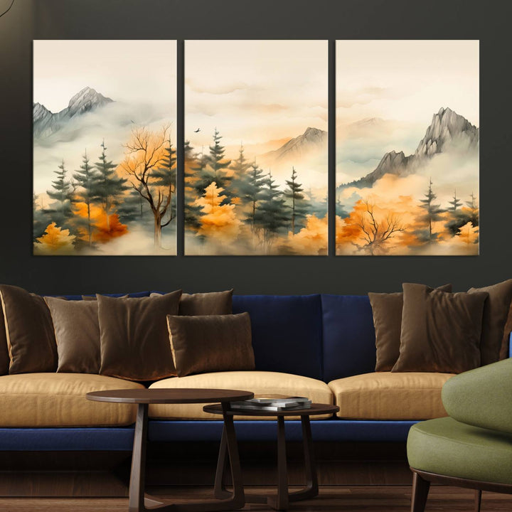 Gallery-wrapped on museum-quality canvas, the Abstract Watercolor Mountains and Trees Autumn painting displays a serene mountain landscape with autumn-colored trees.