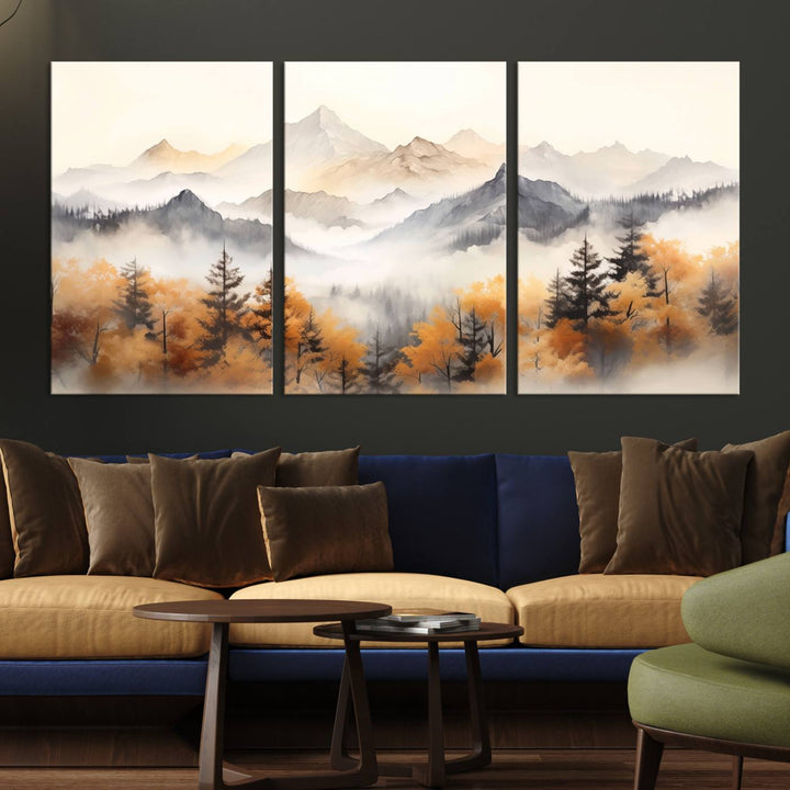 Art mural abstrait aquarelle montagnes et arbres automne