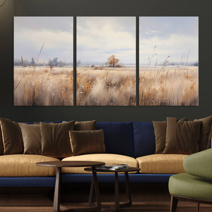 The modern living room features the Golden Fields Canvas Wall Art Print – Serene Landscape of Nature’s Tranquility in Minimalist for Farmhouse Decor, showcasing serene golden fields that enhance the calming ambiance.