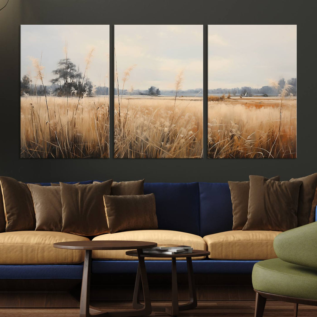 A Wildflower Field Landscape Oil Painting, showcasing a vintage art print of a serene field with tall grasses and distant trees, is beautifully presented on museum-quality canvases with gallery-wrapped edges.