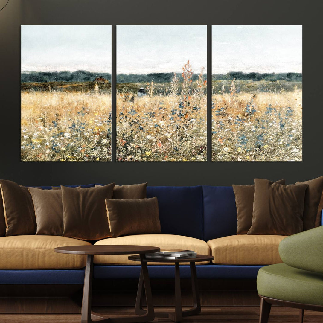 The "Wildflower Field Wall Art Canvas" brings rustic charm to the room with its nature-inspired landscape print, making it a perfect addition to the living room or office.