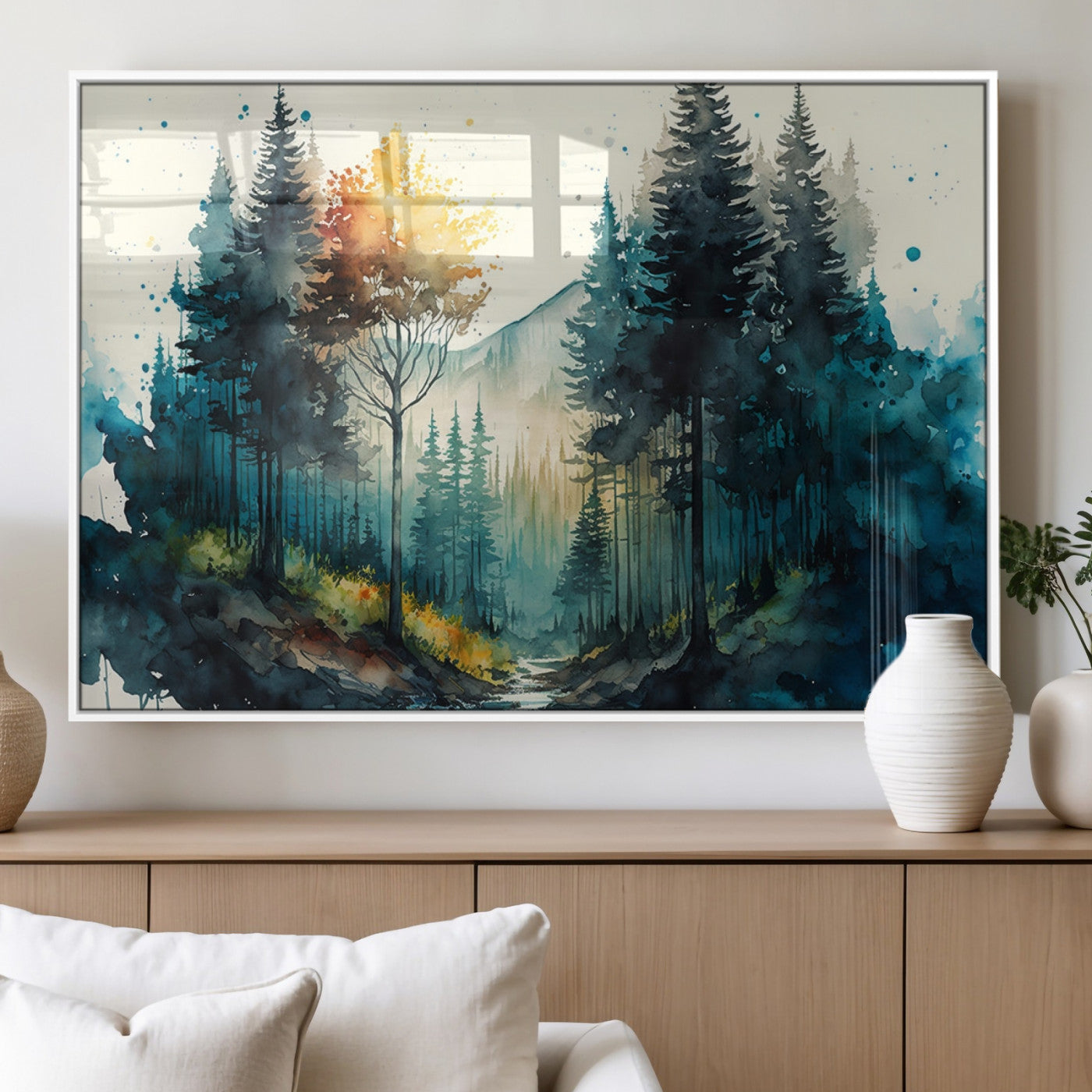 96186-MGV-FP-36X24-3P_White-Watercolor Trees Forest Abstract Wall Art Canvas Print, Framed Watercolor Trees Wall Art