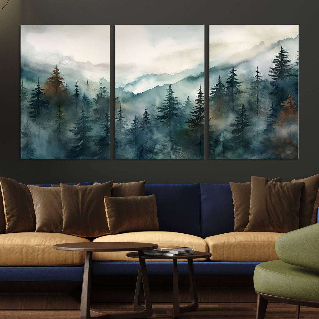 A set of Serenity Forest Wall Art Canvas prints, showcasing foggy mountain landscapes, is displayed in the living room.