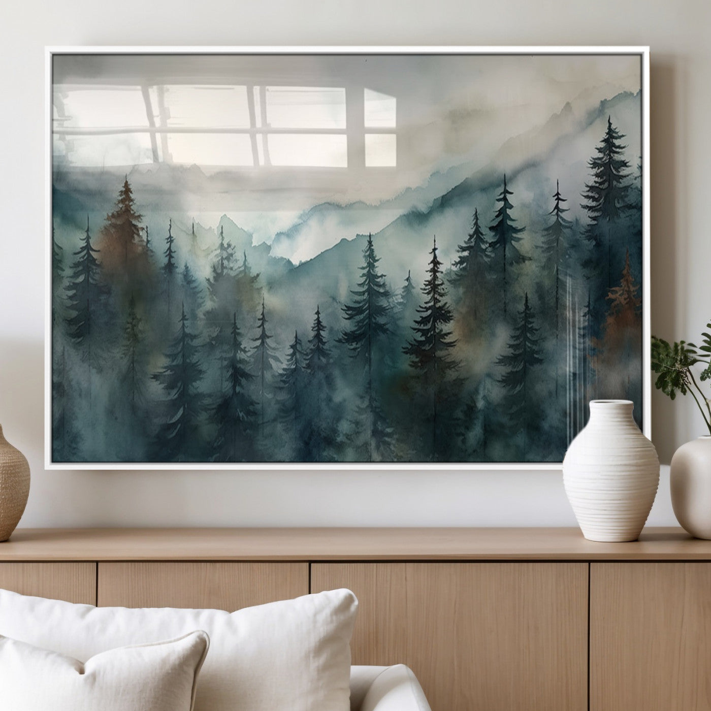 48468-MGV-FP-60X30-3P_White-Serenity Forest Wall Art Canvas | Foggy Mountain Landscape Canvas Print for Living Room or Office | Nature-Inspired Woodland Decor