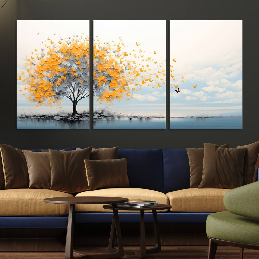 Abstract tree with yellow butterflies canvas wall art in a modern living room setting.