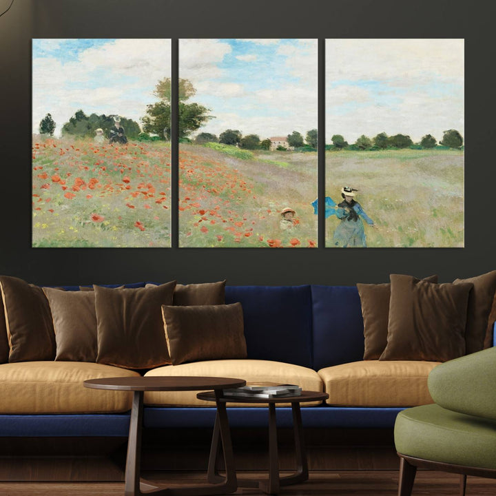 The Claude Monet The Poppy Field Canvas Print features a scene of a serene meadow with blooming flowers and a woman and child. It is printed on museum-quality canvas with UV-protective coating.