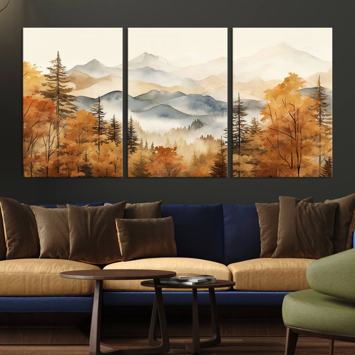 Abstract Mountain Mist Canvas Wall Art – Tranquil Autumn Forest and Misty Peaks - Ready to Hang