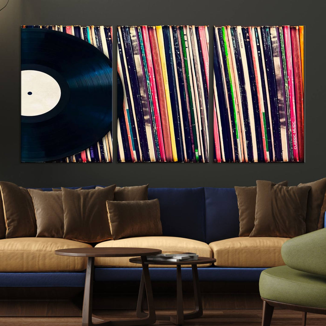 The room showcases the "Vinyl Record and Album Collection Canvas Wall Art," a perfect retro music decor piece for vintage vinyl lovers.