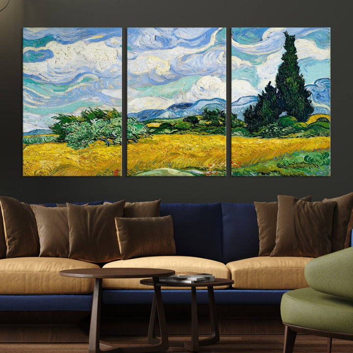 A contemporary living room features a large triptych of "Wheatfield With Cypresses By Van Gogh Painting Wall Art Canvas Print." Crafted on museum-quality canvas, this artwork brings a sense of elegance and craftsmanship reminiscent of professional artistry.