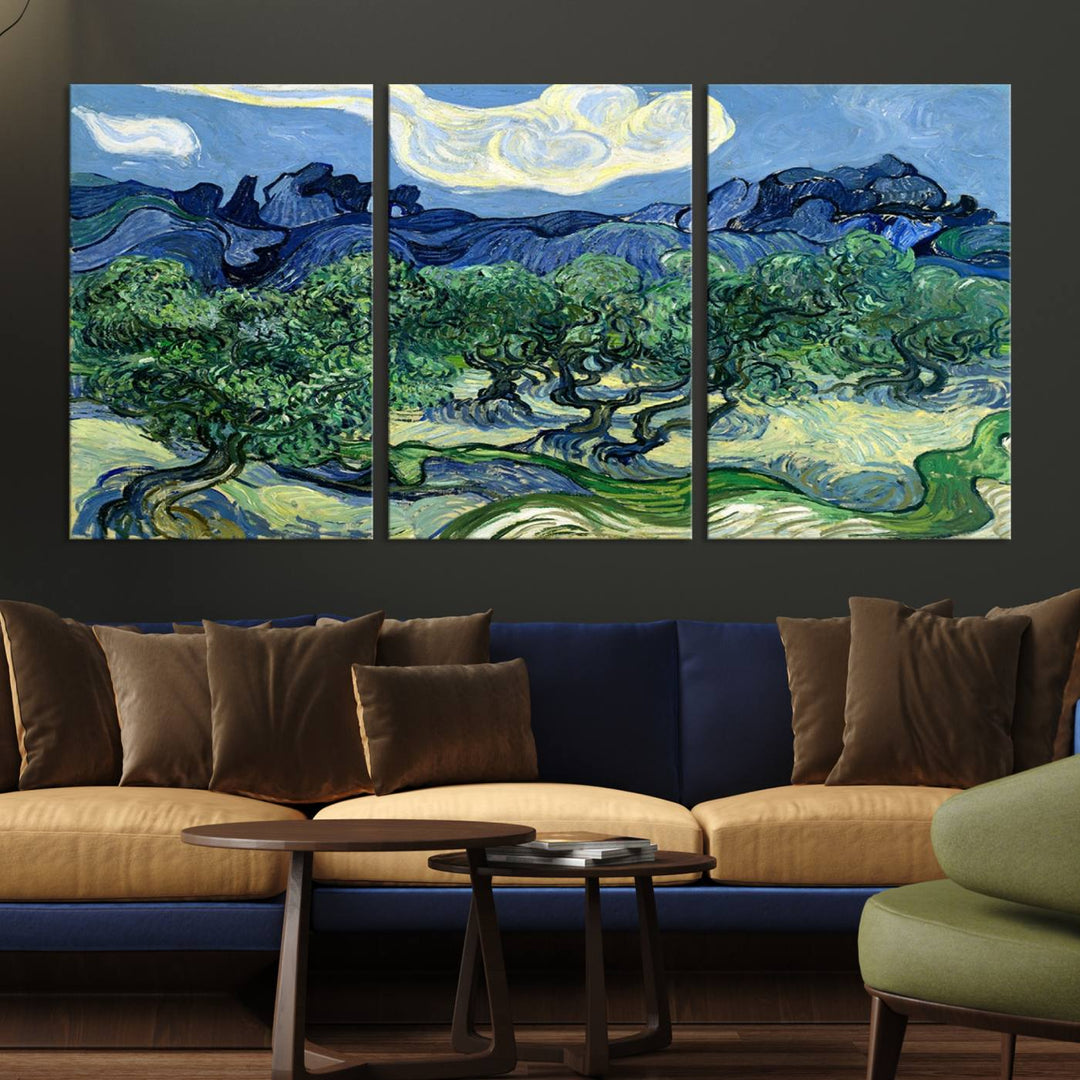 The Olive Trees Van Gogh Wall Art Canvas Print enhances the living room with its vivid landscape on museum-quality canvas, complete with a UV-protective coating.