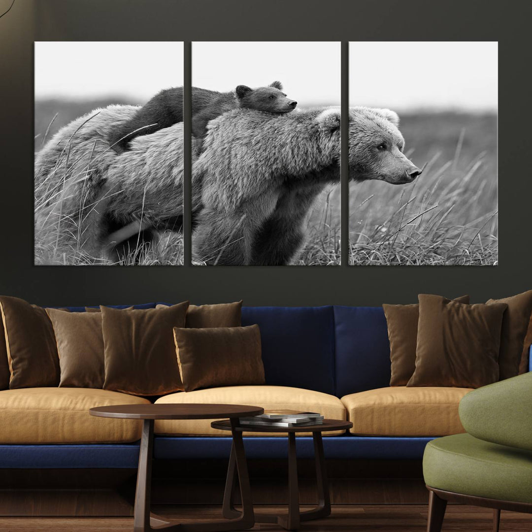 Baby Bear and Mom Bear Family Black & White Canvas Print Wall Art Canvas