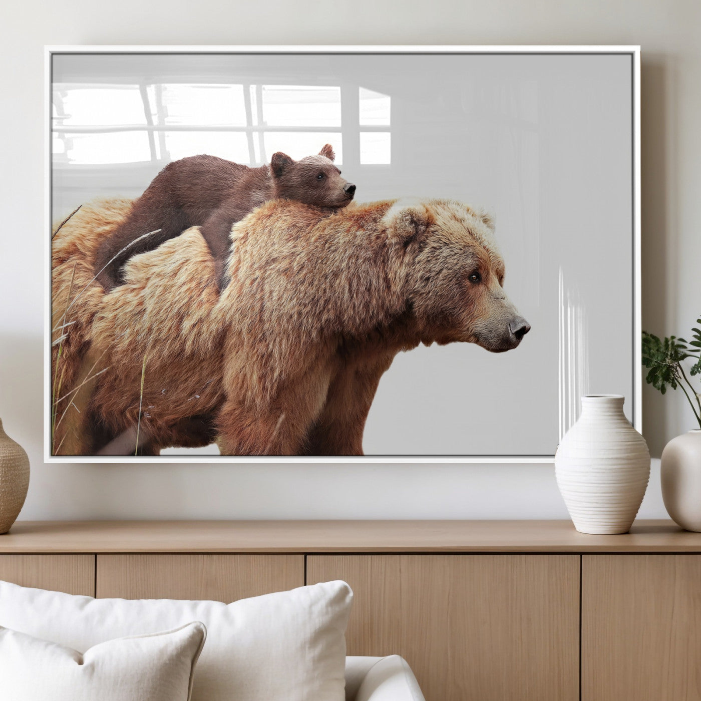 76943-MGV-FP-36X24-3P_White-Mother and Baby Bear Canvas Wall Art - Adorable Wildlife Animal Print, Cozy Rustic Decor for Living