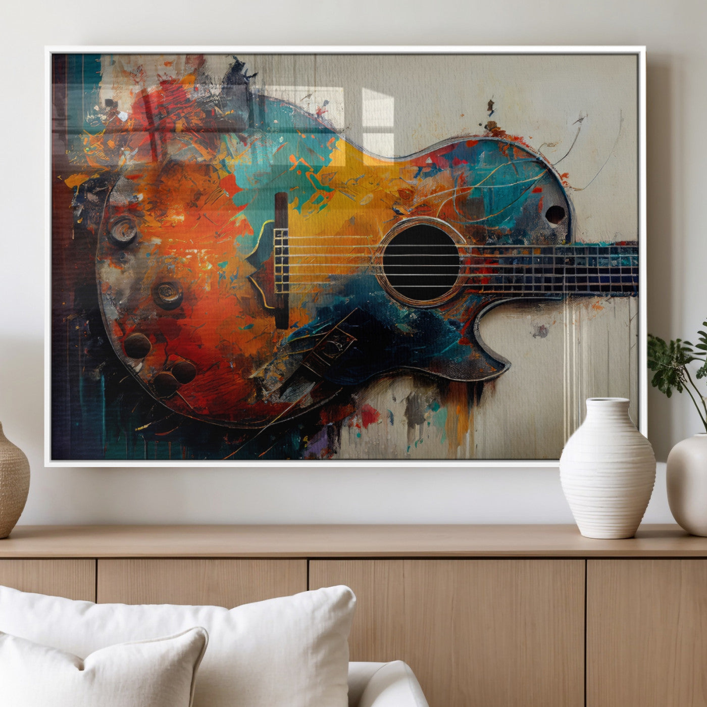 MGV-FP-36X24-3P - Abstract Guitar Wall Art Canvas | Vibrant Music-Inspired Art for Living Room or Studio | Colorful