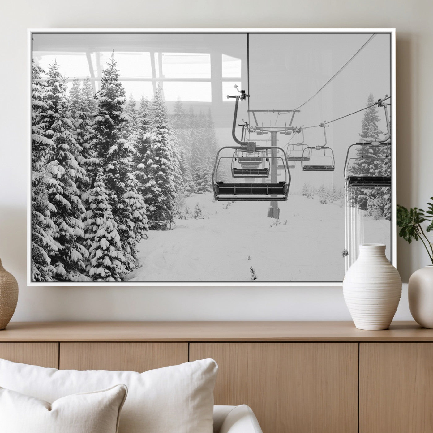 70609-MGV-CV-36X24 - Winter Forest Wall Art Canvas Print, Framed Snowy Forest Art Picture Print, Winter Ski Lift Perfect