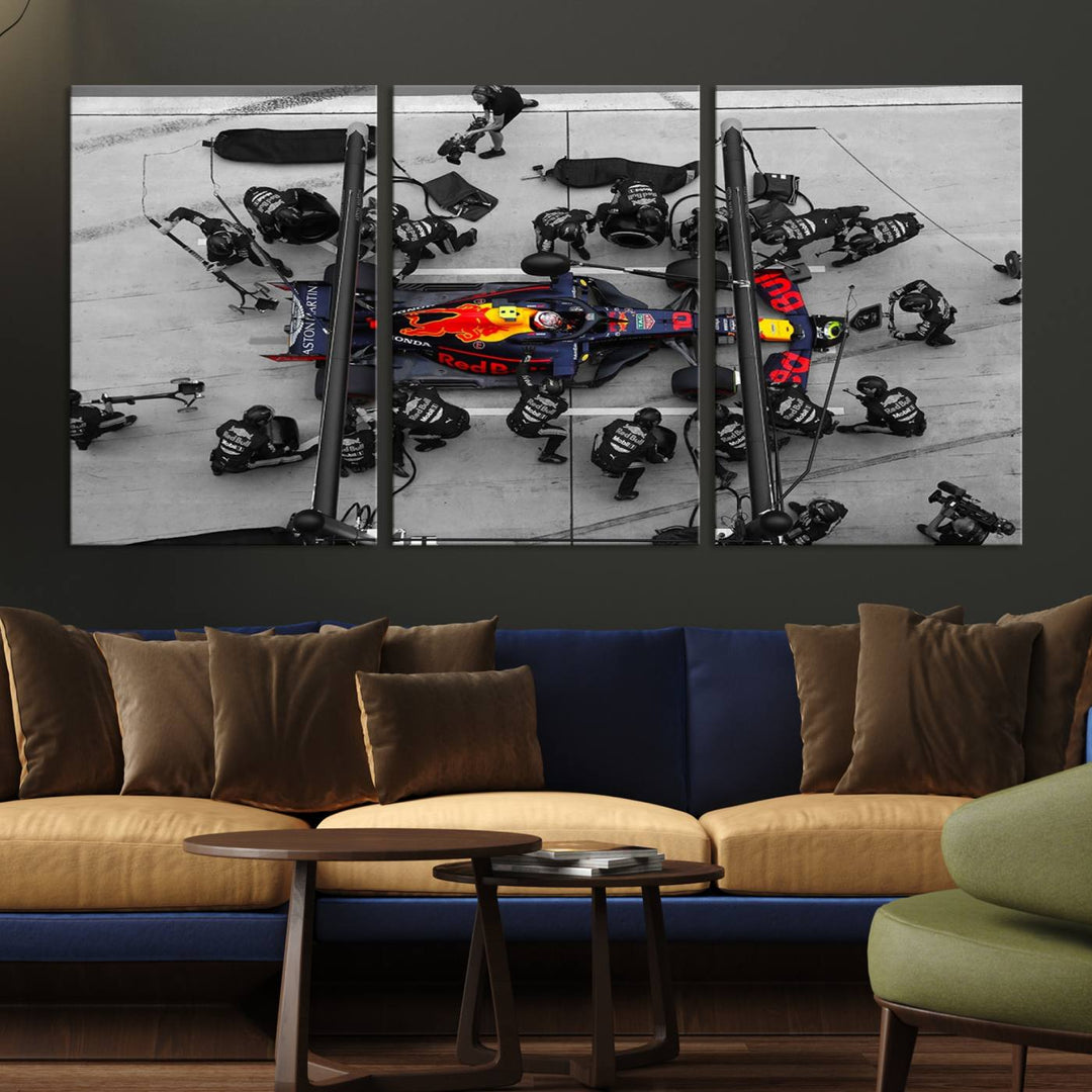 The RedBull Formula 1 Canvas Wall Art Print, a set of three gallery-quality pieces, elegantly adorns the wall.