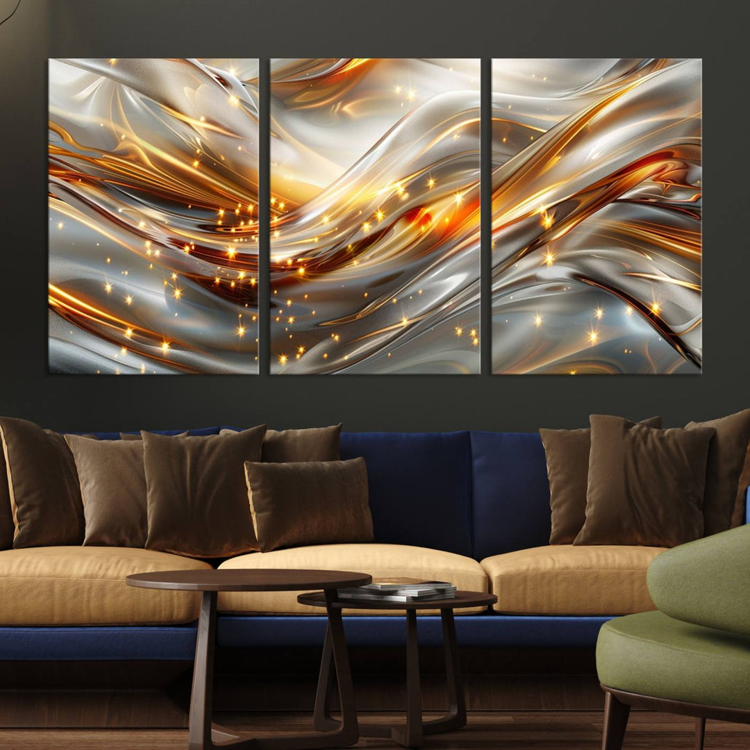 The Elegant Modern Gold Abstract Wall Art - Premium Framed Canvas Print for Home & Office Decor showcases a captivating triptych with swirling metallic designs and golden sparkles, perfectly enhancing contemporary interiors.