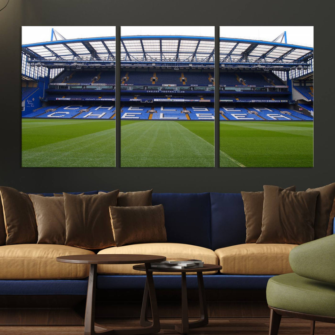 The Chelsea FC Soccer Team Print - Stamford Bridge Stadium Wall Art Canvas Print hangs elegantly, bringing the thrill of the game into your living room.