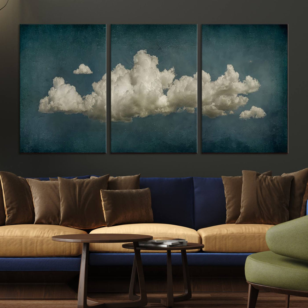 The Vintage Green Clouds Wall Art Canvas Print, set against a teal backdrop, showcases breathtaking canvas artwork with a gallery-quality finish.