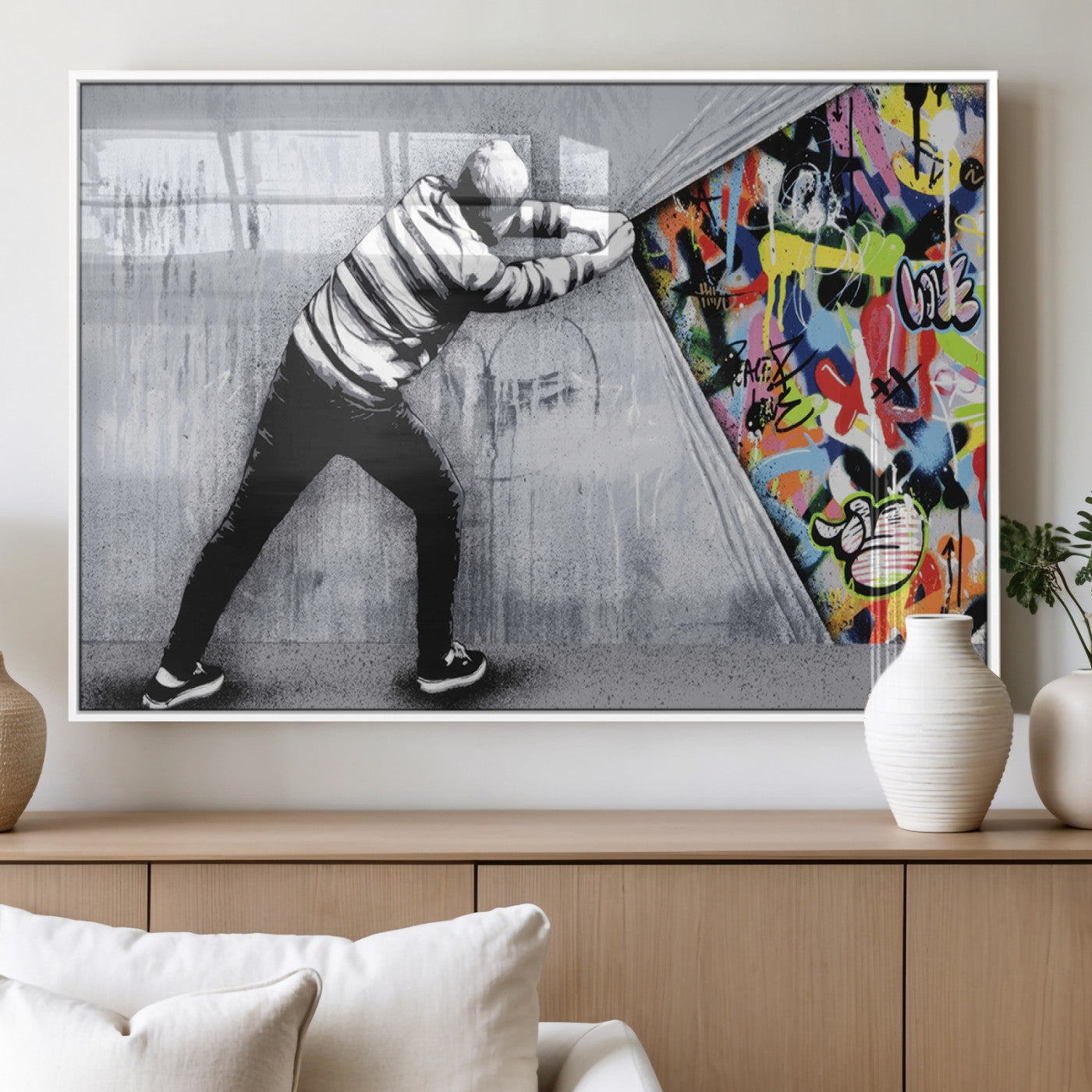 MGV-FP-36X24-3P - Banksy Art Behind the Curtain Street Wall Art Canvas Print | 3-Panel Urban Graffiti-Inspired Wall