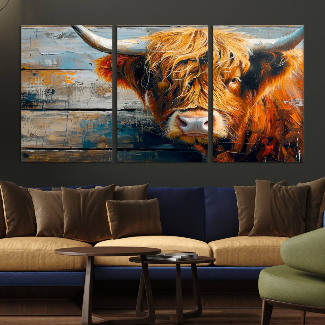 The Highland Cow Abstract Canvas Wall Art, a bold piece of farmhouse rustic decor, adds charm to the modern living room.