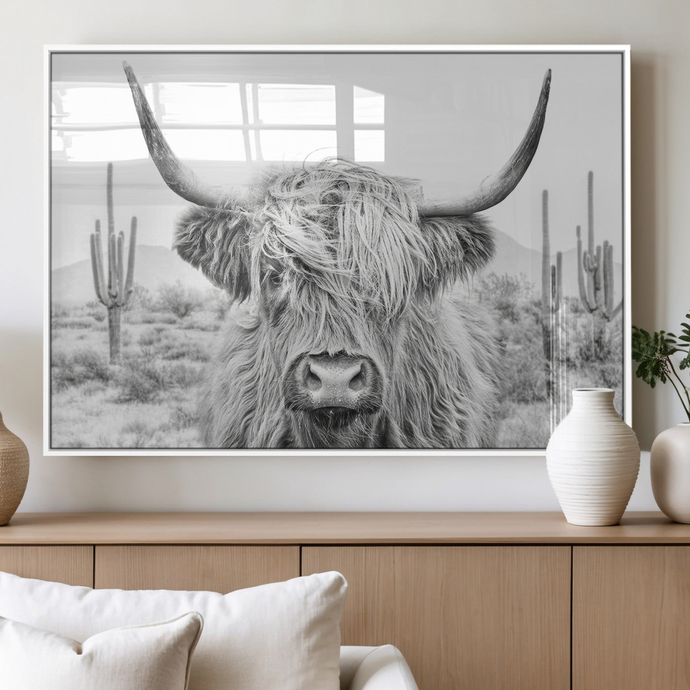 94579-MGV-FP-36X24-3P_White-Rustic Charm | Cow Longhorn Black White Bighorn Wall Art Canvas Print | Farmhouse Wall Art