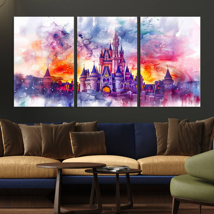 A vibrant piece of wall art depicting the Cinderella Castle from Disneyland, presented as a watercolor painting on premium canvas, is displayed.