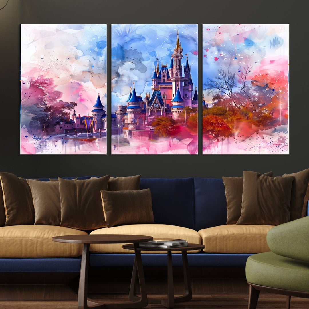 The Disney Wall Art: Dreamy Watercolor Cinderella Castle Canvas Print features a fairy-tale castle with vibrant pink, blue, and purple hues. Expertly handmade in the USA, this premium canvas wall art adds a touch of enchantment to any room.