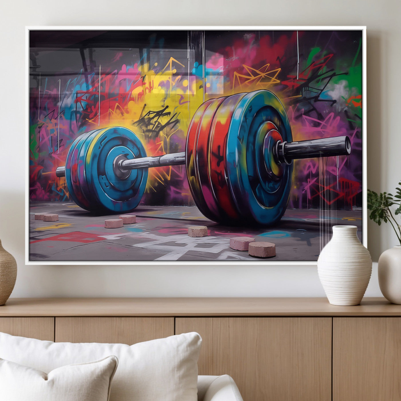 MGV-FP-36X24-3P - Abstract Graffiti Barbell Canvas Wall Art – Urban Fitness Meets Bold Street Art Print - Gym Wall Art Print