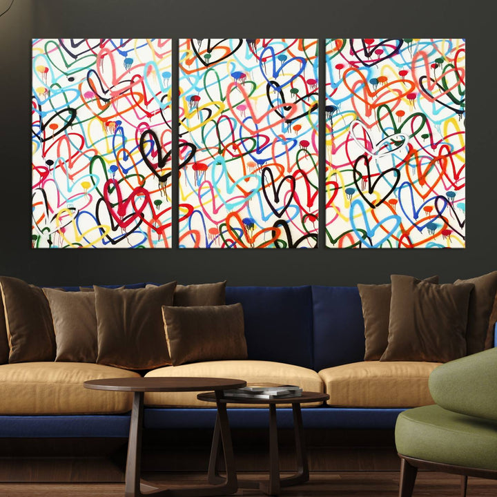 The "Colorful Love Canvas print," featuring vibrant abstract street art with overlapping loops, is handmade in the USA.