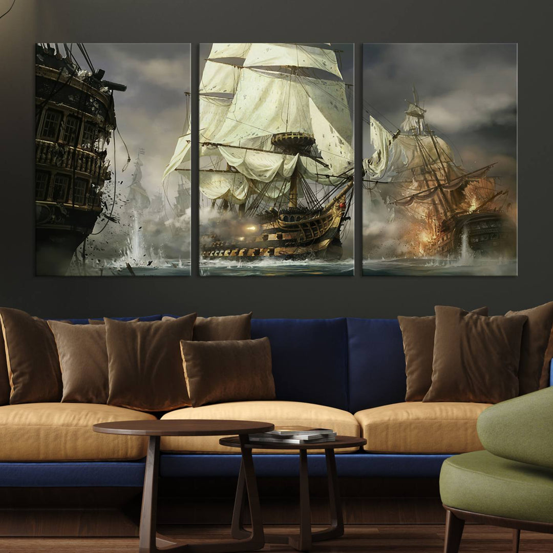 The Pirate Ship War Wall Art Canvas Print, featuring a stunning three-panel depiction of an intense sea battle with tall ships, boasts a gallery-quality finish that adds an elegant touch to its display.