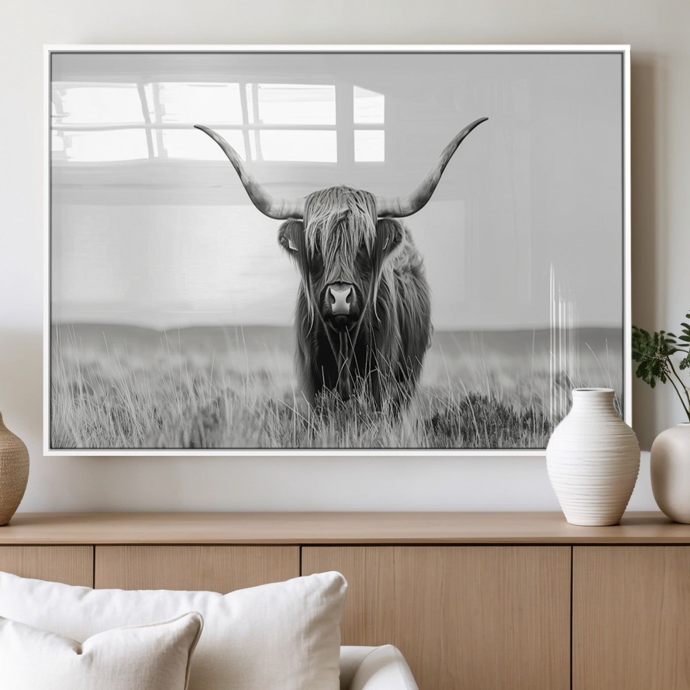 MGV-FP-36X24-3P - Highland Cow Canvas Wall Art – Majestic Beauty in Black and White
