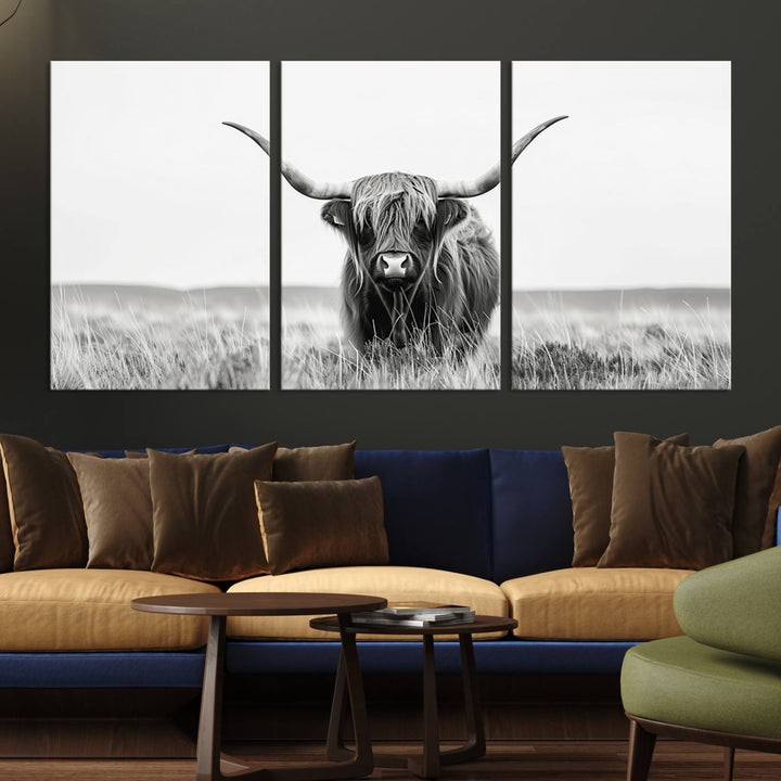 The living room is enhanced by a stunning three-panel Longhorn Wall Art Canvas Print. This museum-quality piece of Texas Longhorn Art comes on a gallery-wrapped canvas with a UV-protective coating to keep it vibrant under everyday light exposure.