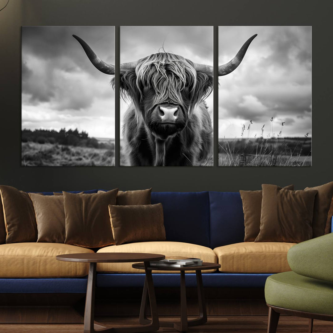 A stunning gallery-quality piece, the "Scottish Cow Wall Art Canvas Print | Longhorn Wall Art | Bighorn Animal Wall Art," depicts a Highland cow with long horns and shaggy fur. This captivating wall art elegantly enhances the space.