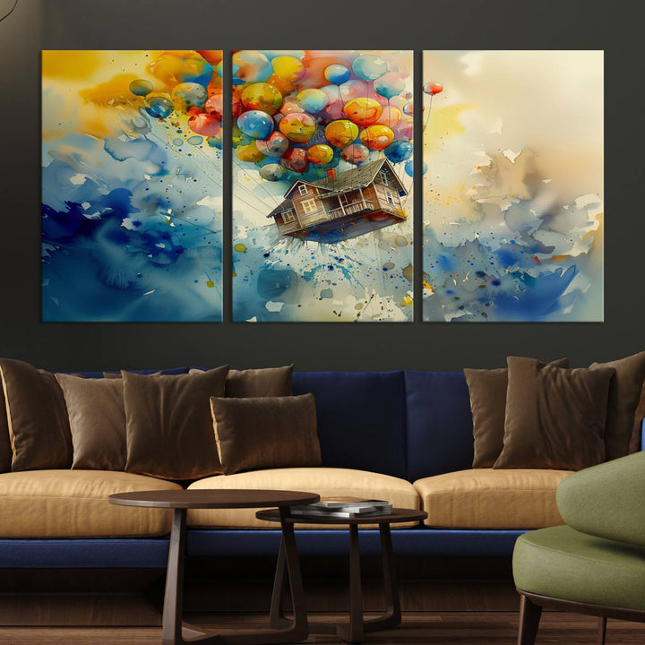 The Cartoon Movie Wall Art Canvas Print, featuring a vibrant house lifted by balloons and split across three panels, serves as captivating wall art. Handmade in the USA, it adds charm and whimsy to any space.