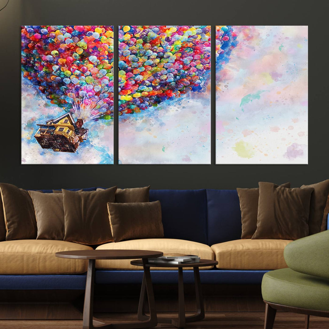 The "Watercolor Cartoon Movie Balloons Canvas Print" is showcased, depicting a whimsical house being lifted by colorful balloons. This triptych wall art is crafted on museum-quality canvases with a UV-protective coating to maintain its vibrant colors, making it ready to hang in any room.