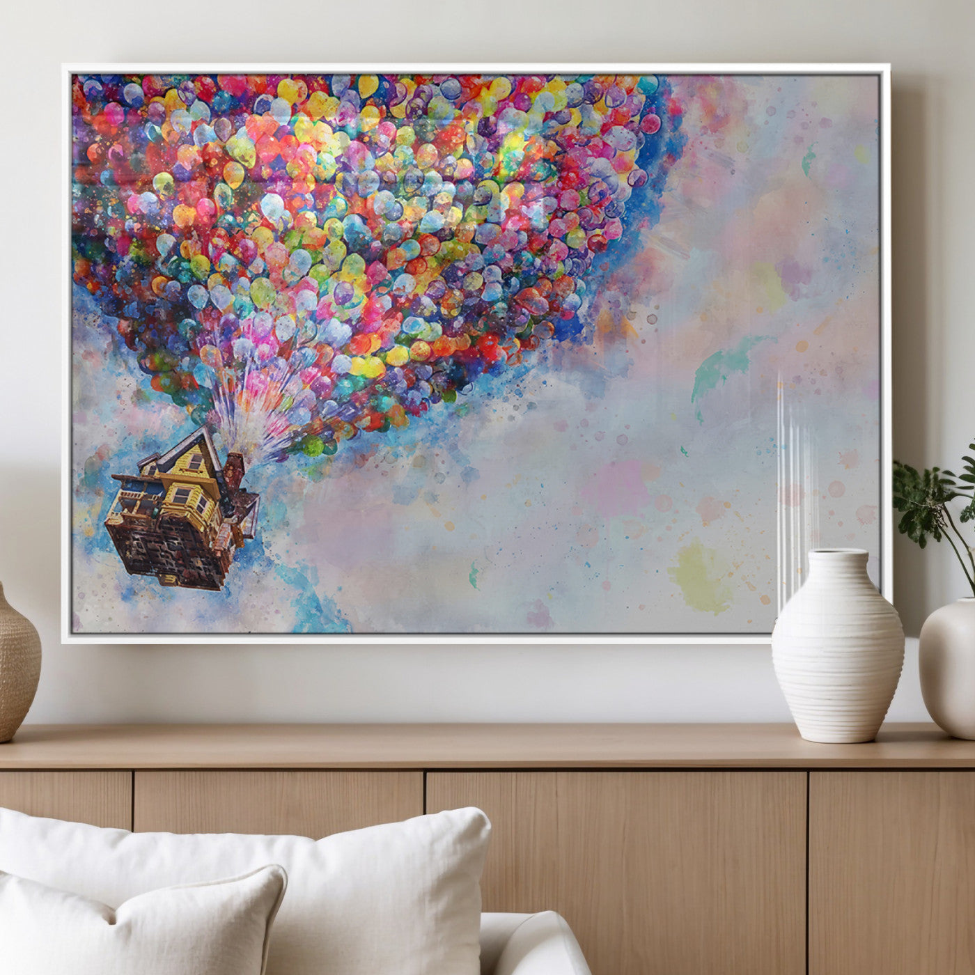 MGV-FP-36X24-3P - Don't Look Up Movie Canvas Wall Art - Vibrant Floating House and Balloons Scene, Tribute to Iconic