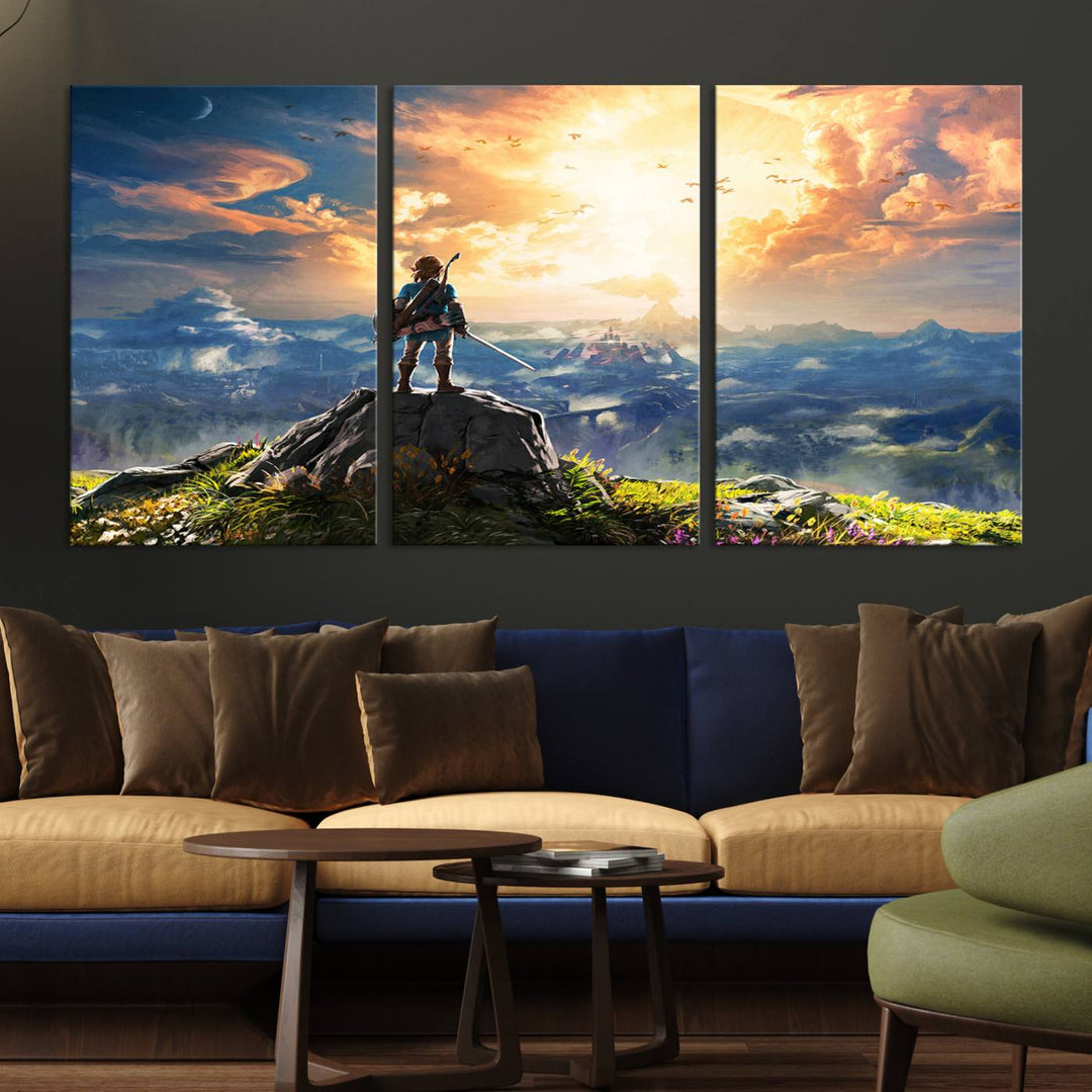 The Legend of Zelda Breath of the Wild Game Wall Art Canvas Print showcases a fantasy landscape with a character on a cliff, all rendered in gallery-quality finish on premium canvas.