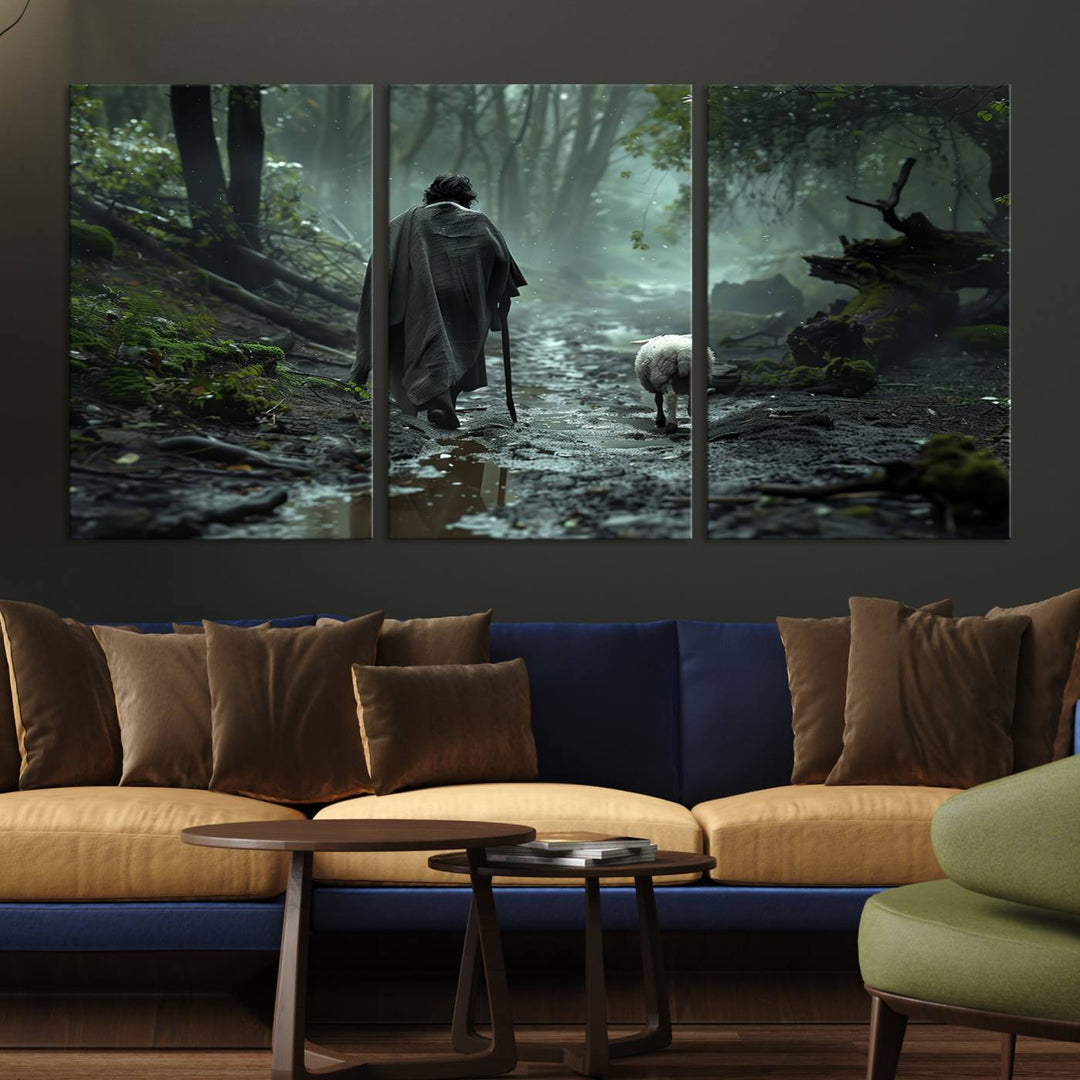 The "Forest Jesus Shepherd Canvas Wall Art" features a person with a cane, clothed in a cloak, walking beside a sheep through a misty forest. This piece captures tranquility and is ideal for adding serenity to your living room, office, or bedroom decor.