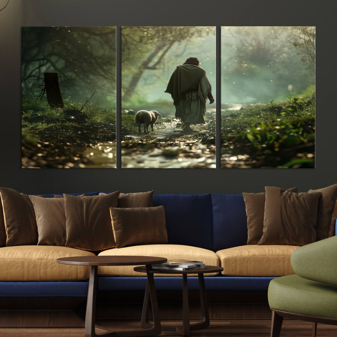 The wall art piece, titled "Jesus Shepherd a Lost Lamb Canvas Wall Art Print," is suspended on the wall and depicts a robed figure and a lamb wandering along a forest path.