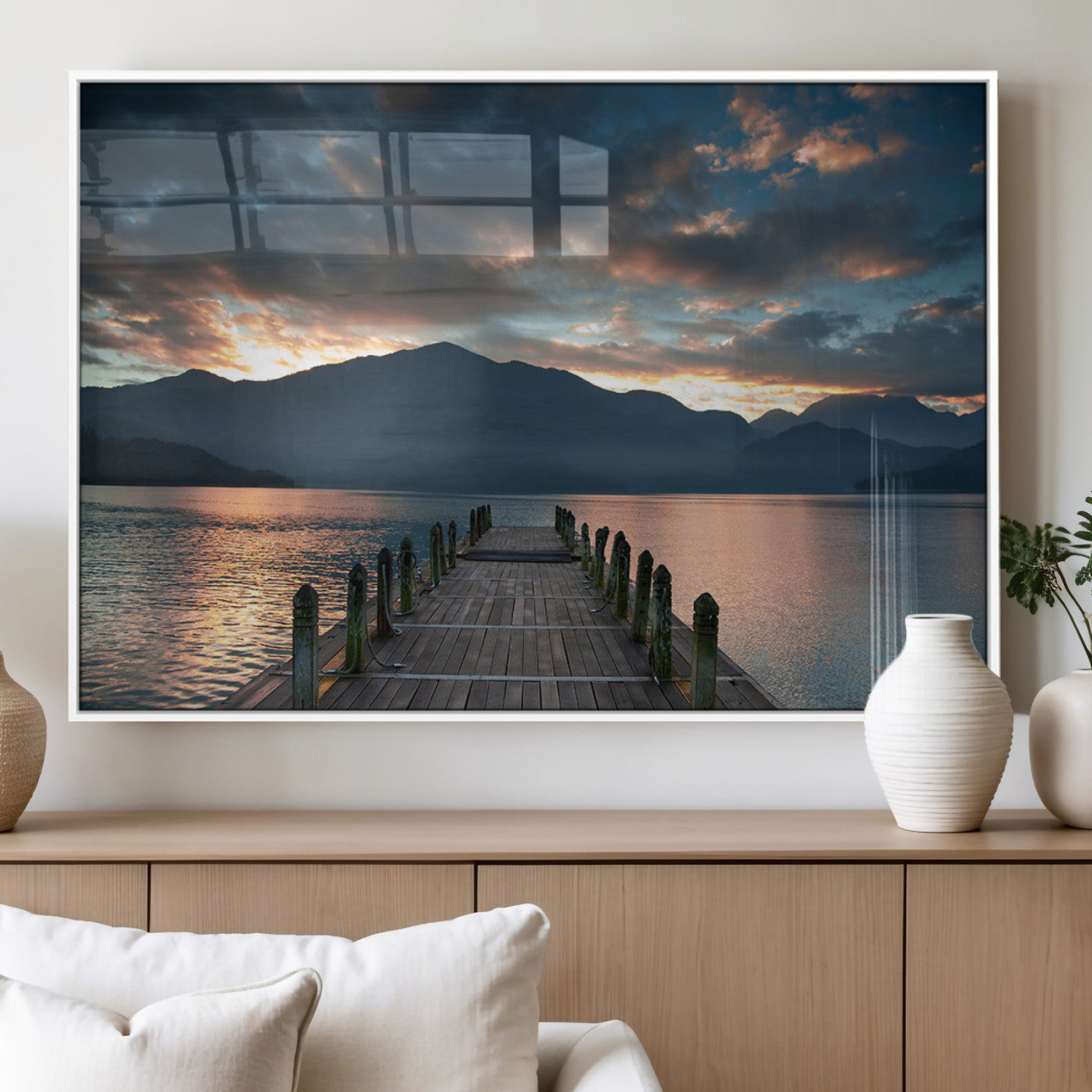 MGV-FP-36X24-3P - Mountain Lake Wood Pier Canvas Wall Art Nature Lake Print