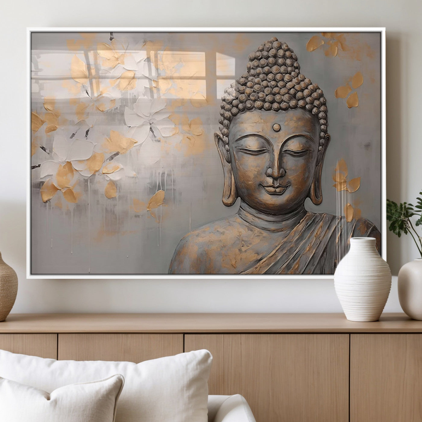 MGV-FP-36X24-3P - Abstract Buddha Statue Wall Art Canvas Print - Modern Meditation Decor for Living Room, Office, Yoga
