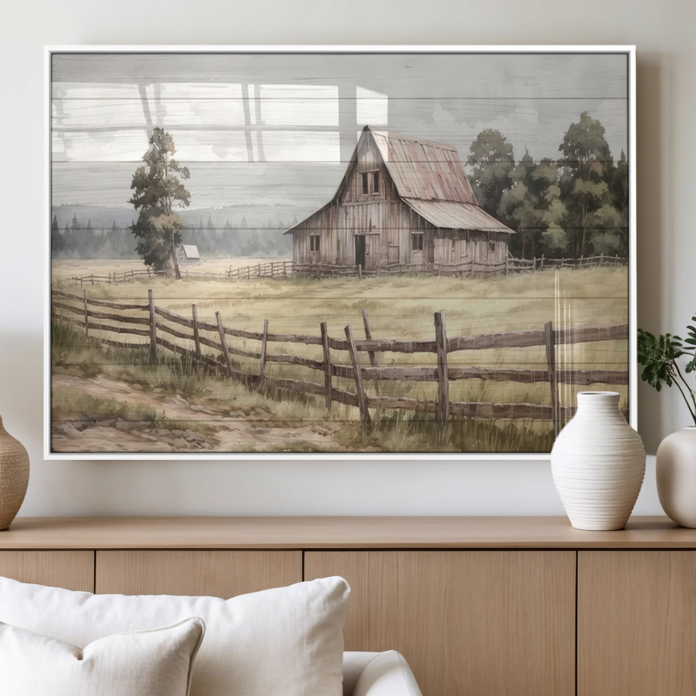 87489-MGV-FP-36X24-3P_White-Rustic Farmhouse Barn Wall Art | 3-Panel Framed Gallery Wrap Giclee Canvas Print for Living Room,