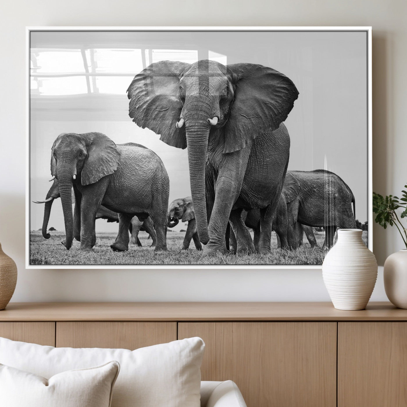 91685-MGV-FP-36X24-3P_White-Black White Elephant Family Wall Art Canvas Print