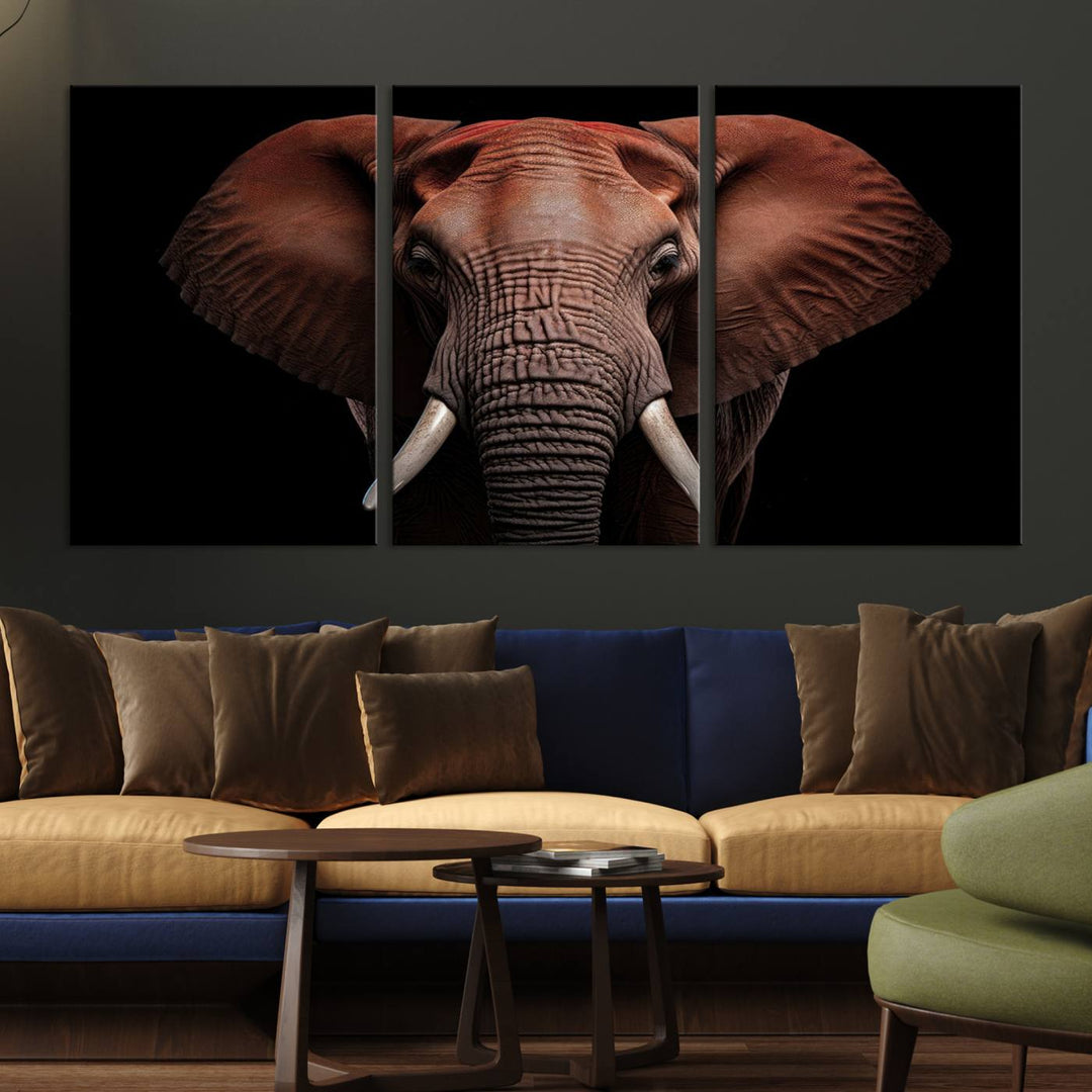 A stunning triptych titled "Wild Elephant Wall Art Canvas Print" beautifully enhances the wall above a contemporary living room. This Africa Savannah Wild Animal Wall Decor Print is of museum-quality, complete with a UV-protective coating to ensure its vibrancy and beauty are preserved for years.